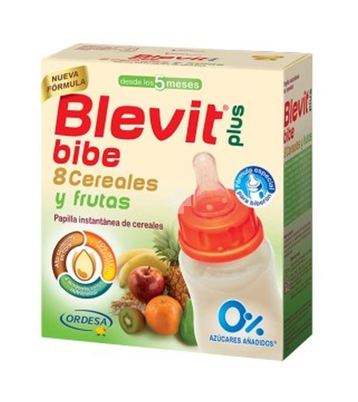 Blevit Plus Bibe 8 Cereales y Frutas (600g). Contiene pulpa de fruta por lo que aporta mayor cantidad de fibra alimentaria.
