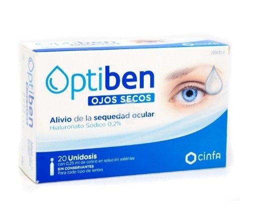 Optiben Ojos Secos Gotas Unidosis Sequedad Ocular 0.25ml 20 ampollas, alivia irritación y sequedad ocular.