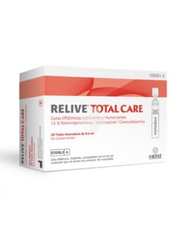 Relive Total Care Gotas Oftálmicas Estériles - 0.4ml 20 viales, proporciona lubricación y alivia la irritación y sequedad ocular.