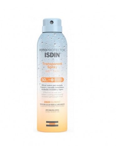 Fotoprotector Isdin Spray Transparente Wet Skin 50+, eficaz en piel mojada, acabado invisible y ligero