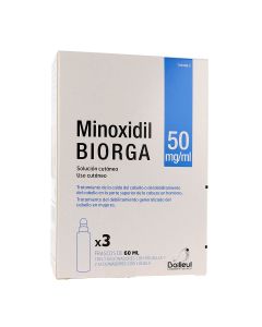 Minoxidil biorga 50 mg/ml solucion cutanea, 3 frascos de 60 ml y 3 accionadores con boquilla y 2 accionadores con cÃ¡nula