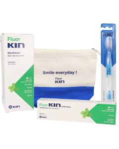 Fluor Kin Kit anticaries enjuague, pasta, cepillo y neceser