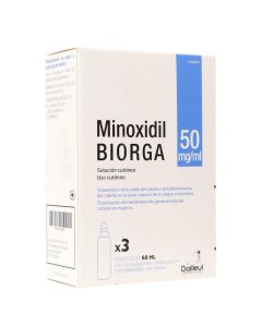 Minoxidil biorga 50 mg/ml solución cutánea 3 frascos 60 ml + 3 accionadores de boquilla y 2 accionadores con canula